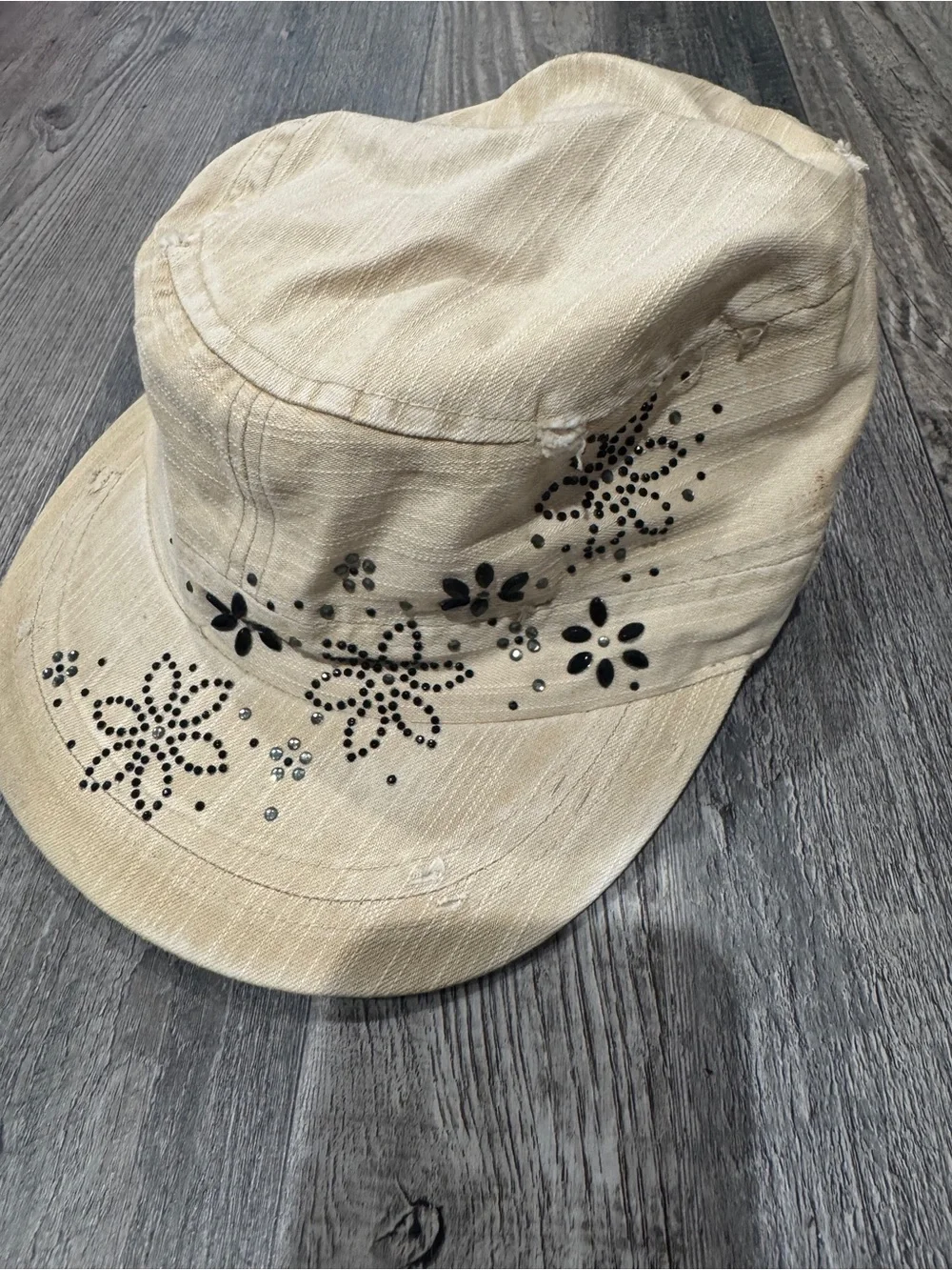 Beige Floral Studded Cotton Cap